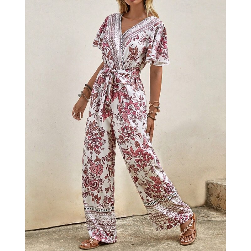 Women's Normal Jumpsuit Streetwear Floral Short Sleeve Straight V Neck Print Street Daily Regular Fit Pink Summer2