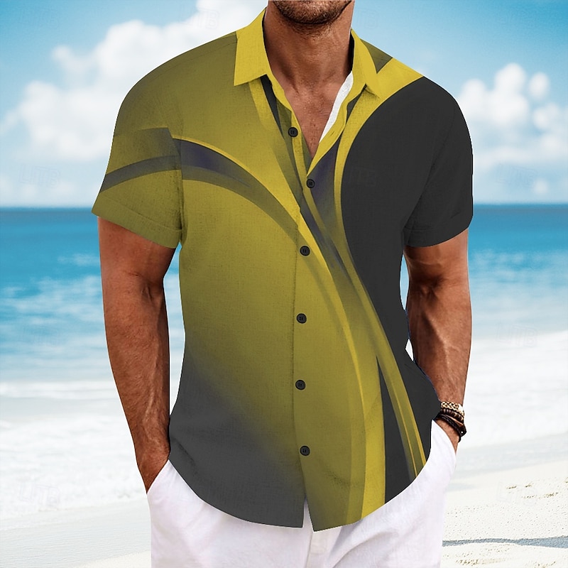 Men's Geometric Gradient Color Line Shirt Summer Shirt Button Up Shirt Short Sleeve Fashion Casual Vacation Dailywear Beach Wear Summer Spring Turndown 3D Print Linen Like Shirt Yellow Blue Purple4