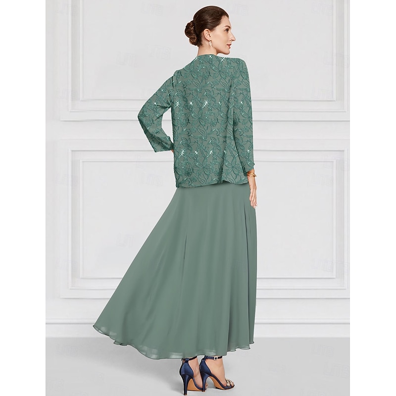 Two Piece A-Line Mother of the Bride Dress Beaded Elegant Vintage Simple Crew Neck Ankle Length Lace Long Sleeve with Lace Embroidery2