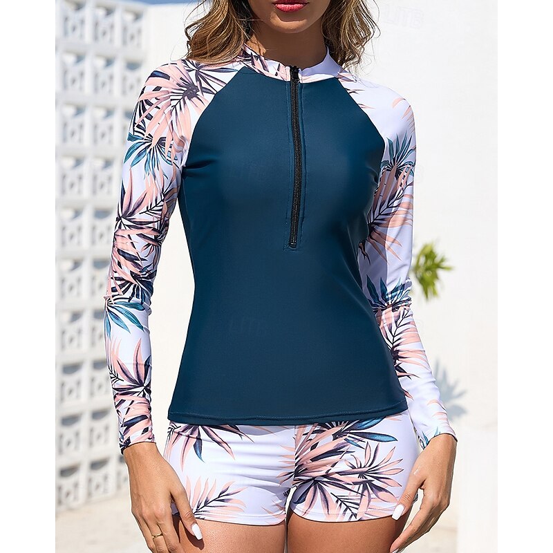 Women's Rash guard Swimsuit UV Sun Protection UPF50+ Lightweight Long Sleeve Spandex Swimwear Bathing Suit Front Zip Swimming Surfing Beach Water Sports Floral Summer Spring Autumn2