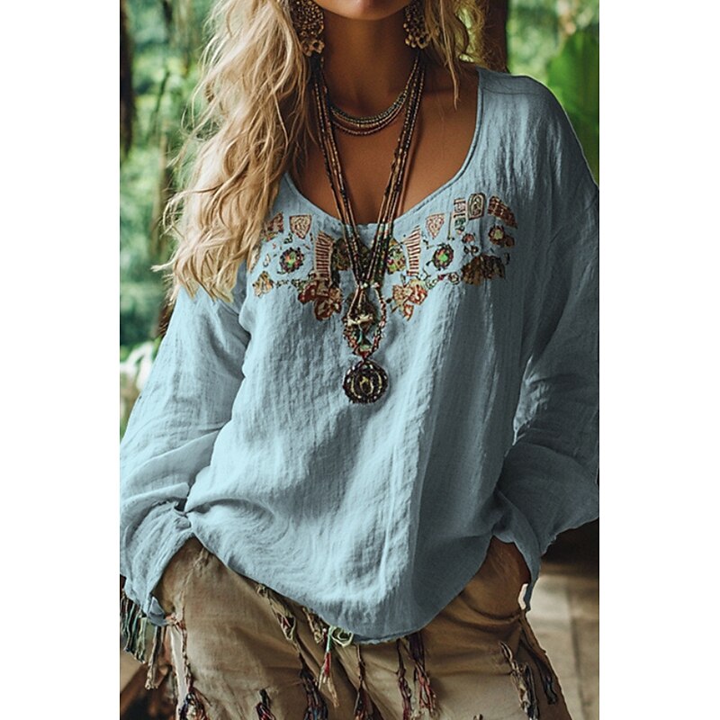 Women's Western Blouse Boho Shirt Blouse Flower Modern Casual Boho Long Sleeve V Neck Regular Tops Holiday Going out Print Black Wine Blue Apricot Summer3