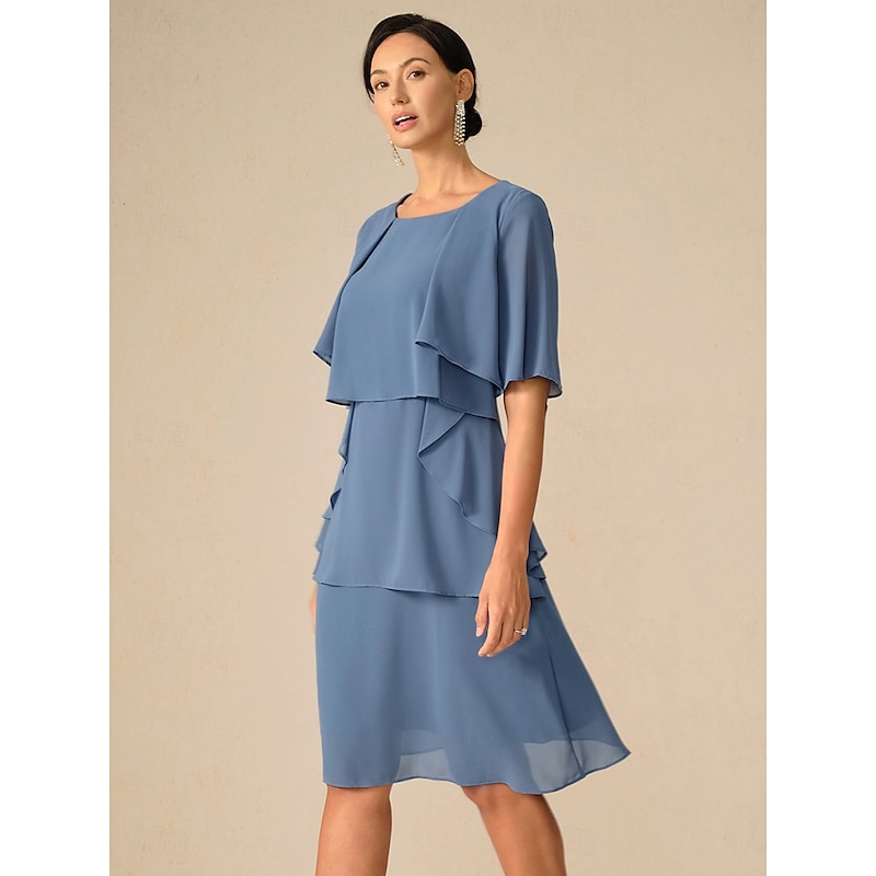 Women's Wedding Guest Cocktail Dress Ruffle  Elegant Layered Midi Summer Spring Dress Crew Neck Half Sleeve Midi Dress Blue