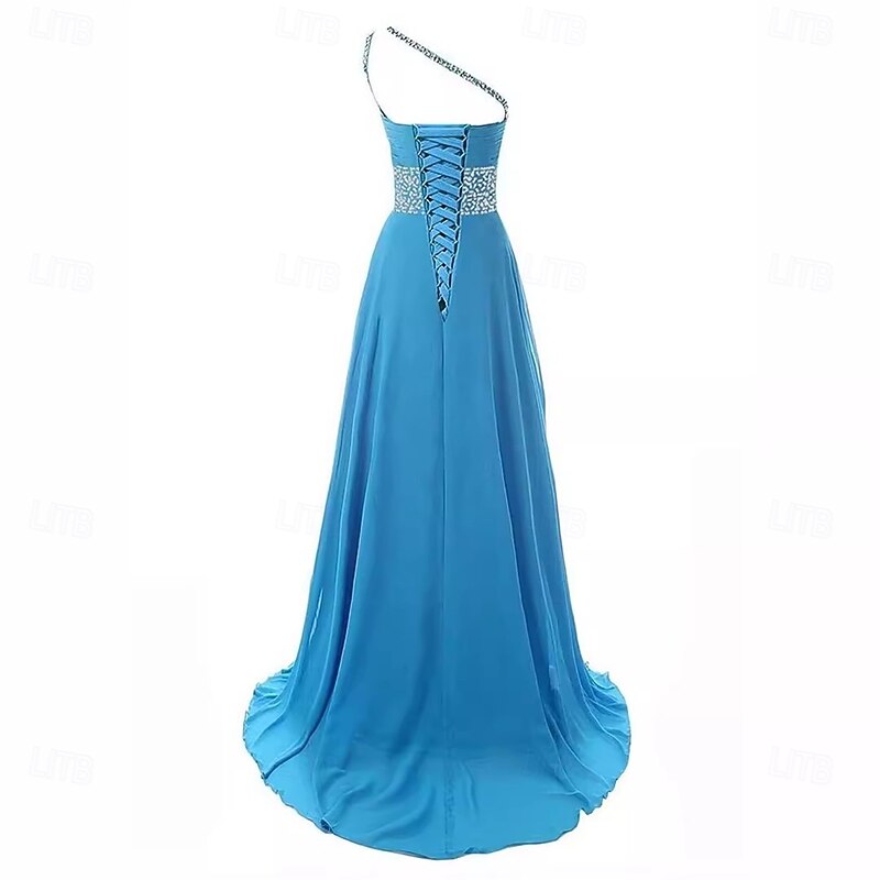 A-Line Quinceanera Dresses Elegant Dress Performance Christmas Floor Length Sleeveless One Shoulder Chiffon Backless with Pleats Beading4