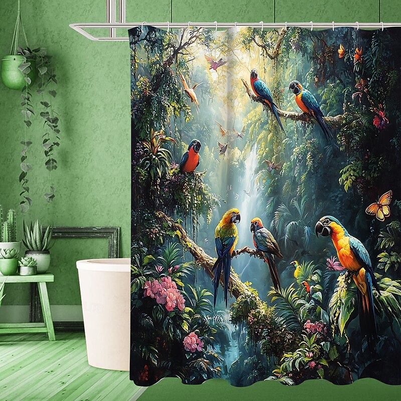 Shower Curtain with 12 Hooks 180cm*180cm(70"*70") Polyester Machine Washable Waterproof Tropical Leaf Animal Leaf Pattern2
