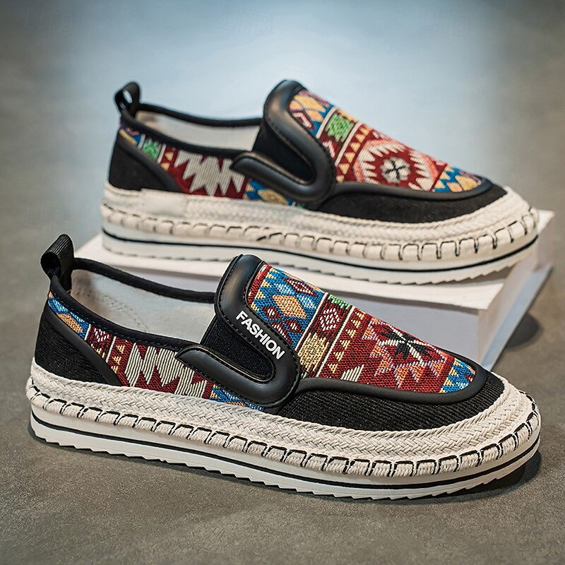 Men's Black and Red Slip-On Walking Shoes with Tribal Pattern – Comfortable and Stylish Sneakers for Casual and Outdoor Activities3