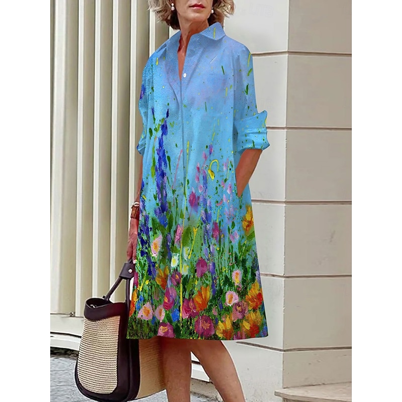 Women's Mini Dress Shirt Dress Casual Dress Summer Dress Fashion Vacation Daily Weekend Regular Fit Floral Long Sleeve Shirt Collar Aqua Blue Pink Blue Dark Green Summer4