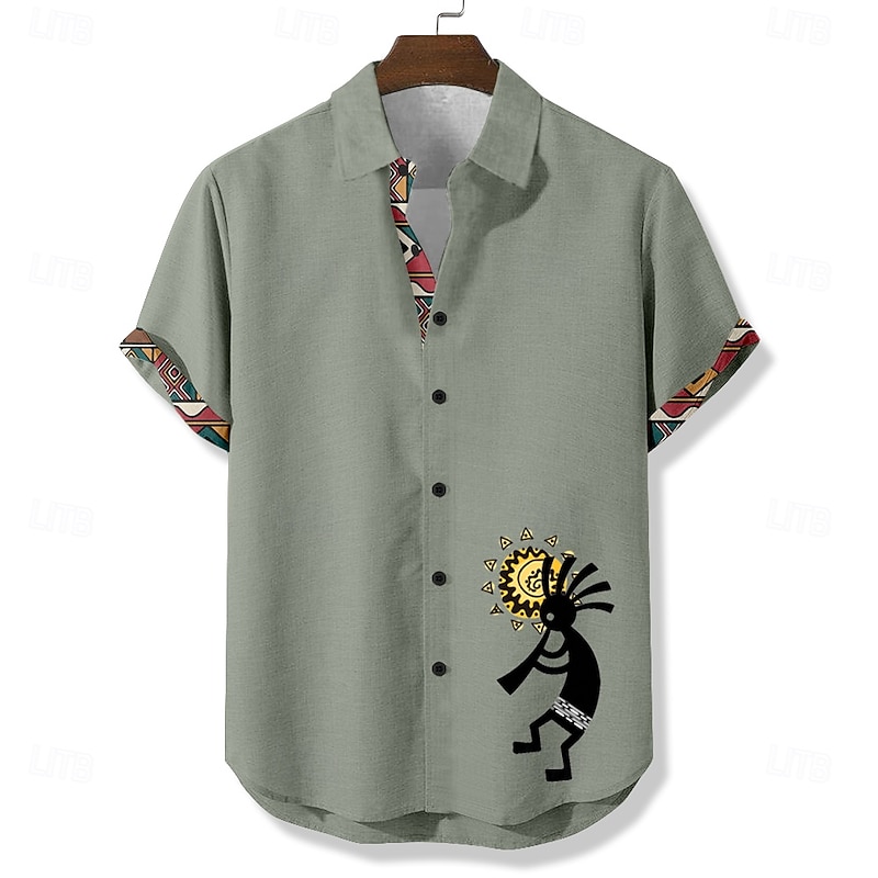 Men's Sun Ethnic Kokopelli Shirt Summer Shirt Button Up Shirt Short Sleeve Vintage Retro Vacation Dailywear Beach Wear Summer Spring Turndown 3D Print Linen Like Shirt Blue Green Khaki