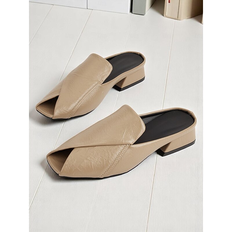 Women's Peep Toe Mules– Folded Design Faux Leather Mule Shoes for Modern Work Style