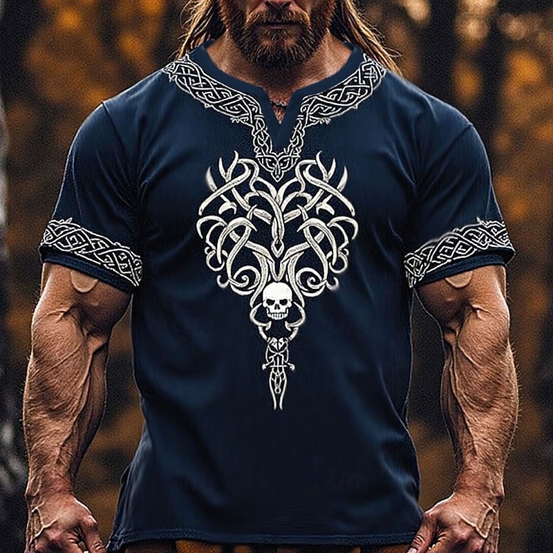Men's Skull Viking Shirt Tee Top Short Sleeve T shirt 3D Print V Neck Shirt Tribal Street Casual Daily Blue Summer Spring Clothing Apparel S M L XL XXL XXXL