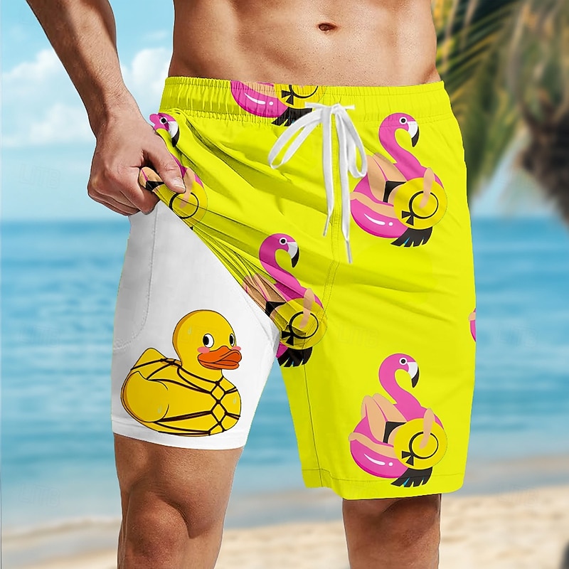Men's Flamingo Funny Duck Lined Shorts 2 in 1 Board Shorts Swim Shorts Mid Waist Hawaiian Vacation Holiday Beach Wear Side Pockets With Compression Liner Elastic Drawstring Waist Designer Clothing3