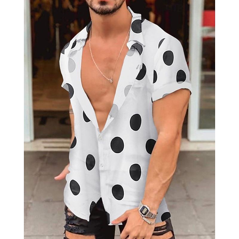 Men's Shirt Summer Shirt Casual Shirt Beach Shirt Button Up Shirt Black White Yellow Short Sleeve Polka Dot Lapel Vacation Hawaiian Clothing Apparel Polyester Fashion Casual Comfortable
