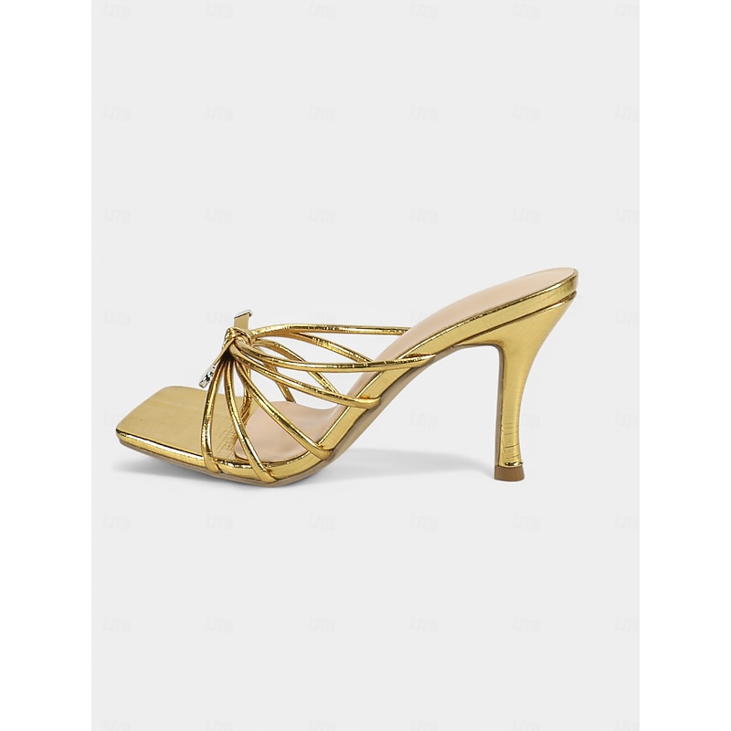 Women's Gold Strappy Bow Heeled Mules – Open Toe Prom Sandals for Elegant Evenings and Banquet Looks3