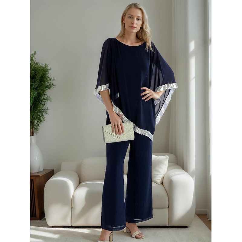 Two Piece Pantsuit Mother of the Bride Dress Elegant Simple Minimalist Crew Neck Ankle Length Chiffon Half Sleeve with Pleats Sequin