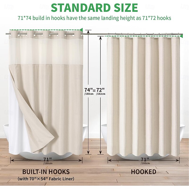 No Hooks Linen Looking Shower Curtain 180cm with Snap-in Fabric Liner Set, Hotel Luxury Decor Shower Curtains for Bathroom with See Through Top Window, Waterproof & Washable3