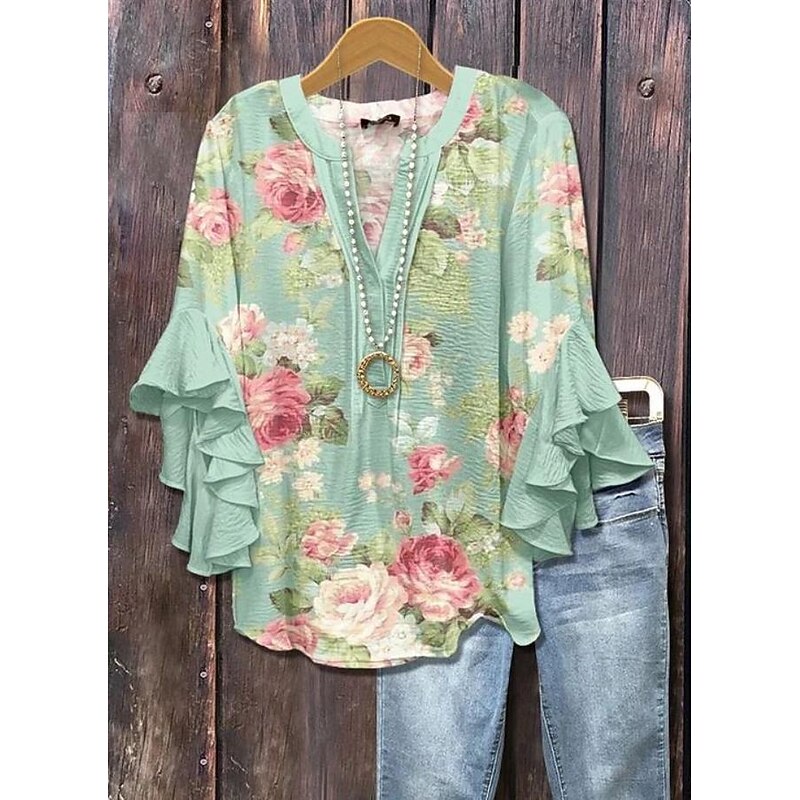 Women's Retro Blouse Layered Ruffle Sleeve Tops Vintage Floral Graphic Paisley Daily Stylish Casual 3/4 Length Sleeve Regular Tops Daily Holiday Vacation Wear Print Red Blue Sky Blue Green3