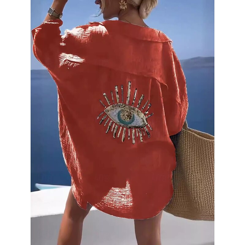 Women's Plus Size Shirt Basic Casual 3/4 Length Sleeve Shirt Collar Regular Tops Going out Weekend Buttons Black White Yellow Royal Blue Orange Summer Spring3