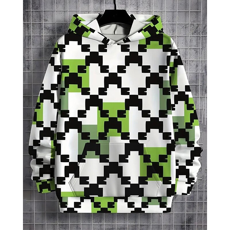 Boys 3D Graphic Plaid Hoodie Long Sleeve Spring Fall Fashion Streetwear Kids 4-12 Years Hooded Outdoor Casual Daily Regular Fit