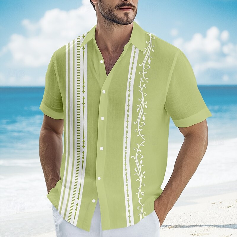 Men's Geometric Striped Shirt Guayabera Shirt Button Up Shirt Short Sleeve Fashion Casual Vacation Dailywear Beach Wear Summer Spring Turndown Button Up 3D Print Linen Like Shirt Yellow Blue Green3