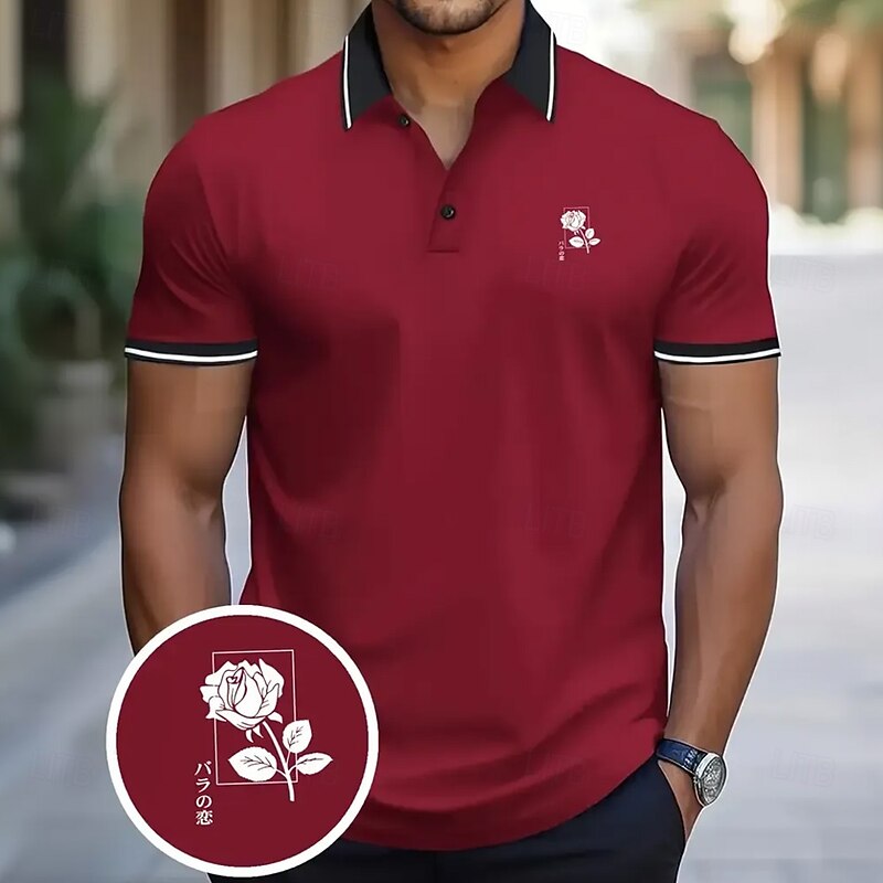 Men's Rose Polo Short Sleeve Polo Shirts Collared Shirts Casual School Outdoor Daily Wear Home Wear 3D Print Summer Black Red Navy Blue3