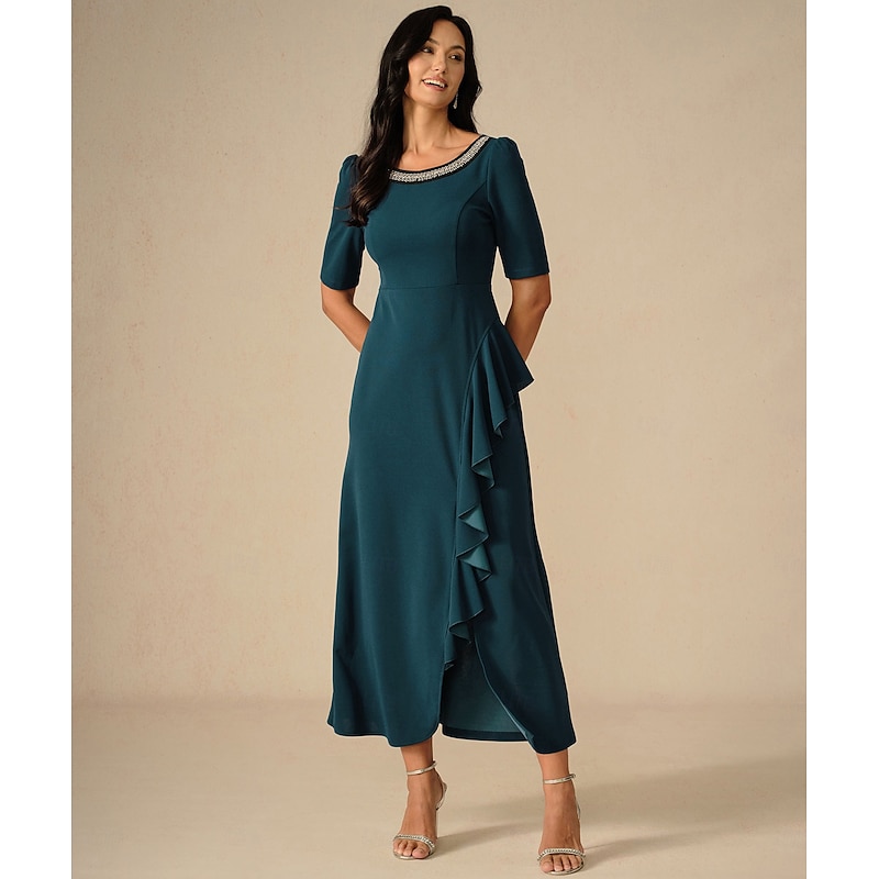 Women's Maxi Dress Ruffle Dress Elegant Regular Fit Solid Color Short Sleeve Crew Neck Ink Blue Summer Spring Fall