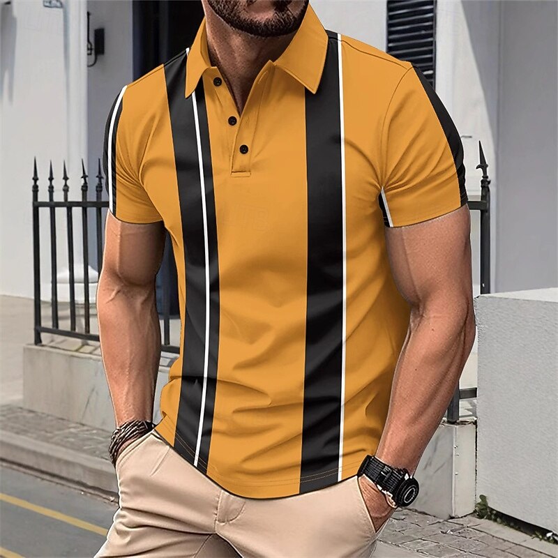 Men's Golf Shirt Golf Polos Shirts Work Casual Turndown Short Sleeve Basic Modern Color Block Patchwork Buttons Summer Regular Fit Yellow Golf Shirt