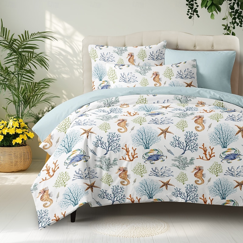 Summer Duvet Cover Set 100% Cotton Soft and Breathable Bedding Featuring Sea Creatures Lightweight and Durable Quilt Cover Comfortable for All Seasons Easy to Care2