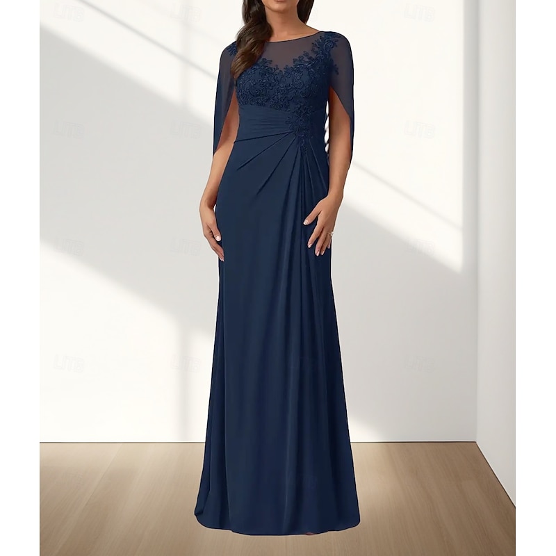 A-Line Mother of the Bride Dress Wedding Guest Elegant Crew Neck Floor Length Chiffon Sleeveless with Appliques Ruching