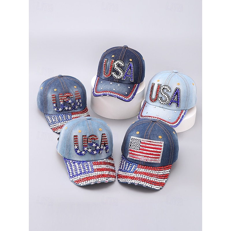 USA Rhinestone Denim Baseball Cap – Sparkly Patriotic American Flag Hat for Women and Men, Adjustable 4th of July Independence Day Outfit Accessory2