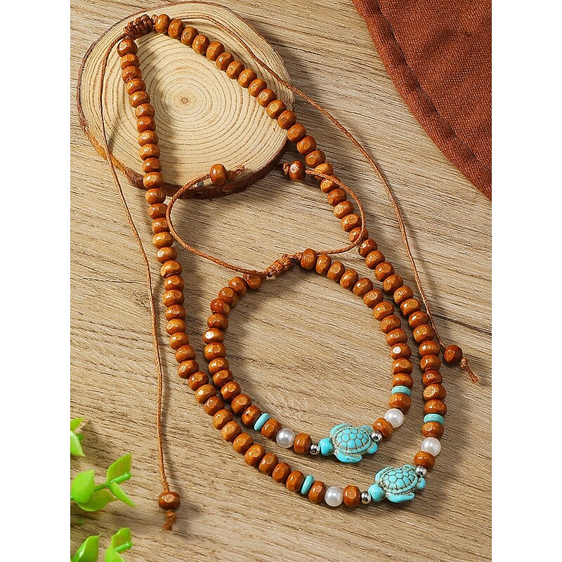 Men's Natural Wood Bead Turtle Necklace and Bracelet Set – Boho Beach Style Adjustable Jewelry for Summer Vacations and Casual Wear3