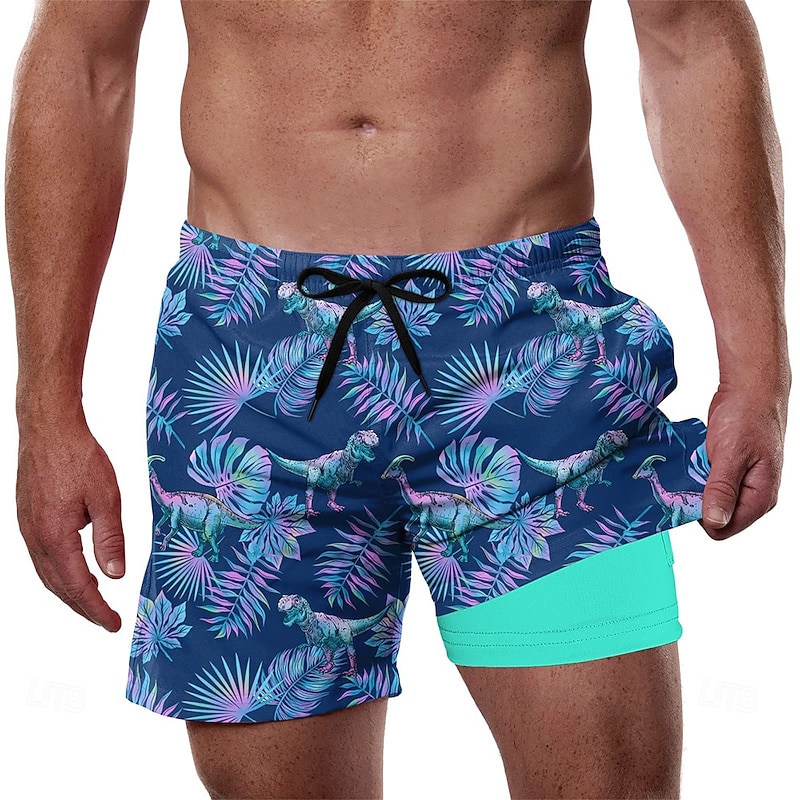 Men's Palm Leaf Tropical Plants Lined Shorts 2 in 1 Board Shorts Swim Shorts Mid Waist Hawaiian Vacation Beach Wear Side Pockets With Compression Liner Elastic Drawstring Waist Designer Clothing