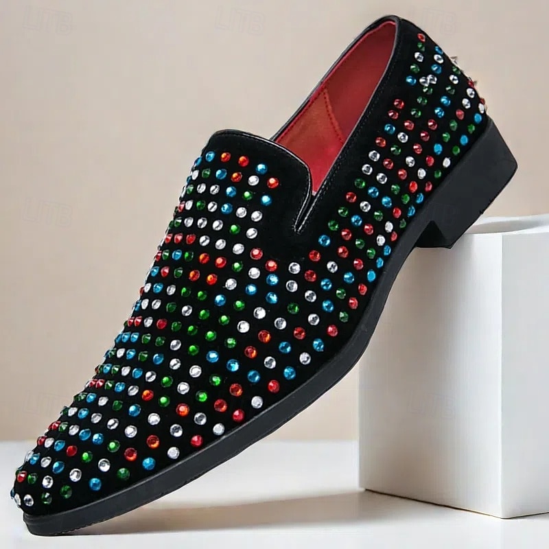 Men's Black Velvet Loafers with Multicolor Studs – Statement Graduation Prom Party Shoes