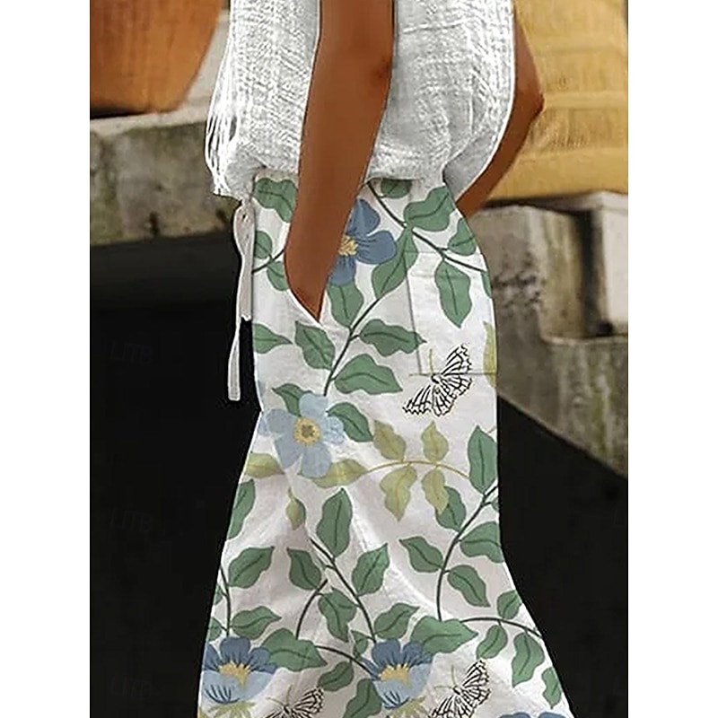Women's Cotton Linen Pants Baggy Pants Linen Like Beach Shorts Vacation Vintage Fashion Ankle-Length High Waist Floral Graphic Leaf Printing Breathable Soft Micro-elastic Outdoor Vacation Causal2