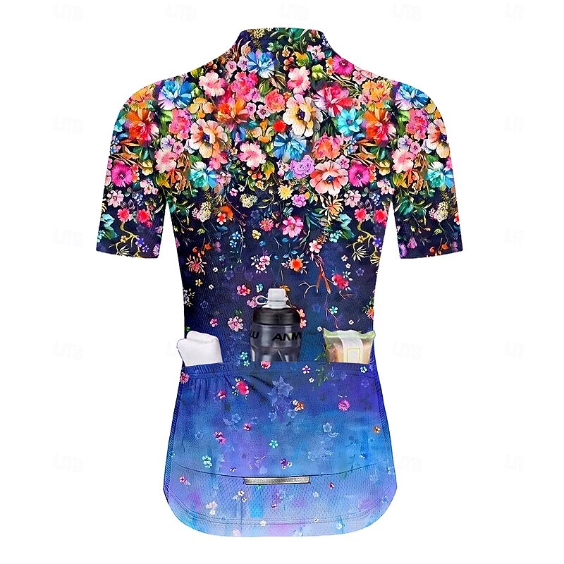 Women's Cycling Jersey Graphic Gradient Floral Botanical Short Sleeve Bike Jersey Top with 3 Rear Pockets Sunscreen UV Resistant Quick Dry Reflective Strips Sports Dark Blue Clothing Apparel2