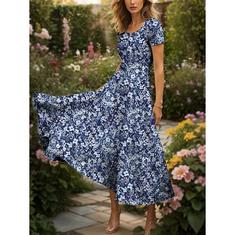 Women's Maxi Dress Casual Dress Sundress A Line Dress Summer Dress Vacation Vintage Ethnic Regular Fit Floral Graphic Short Sleeve Square Neck Red Blue Purple Green Summer Spring