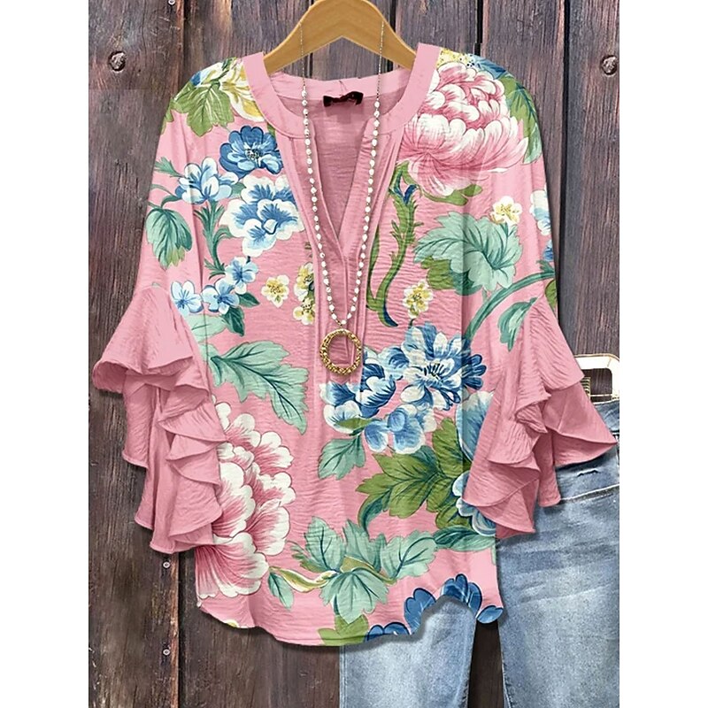 Women's Retro Blouse Layered Ruffle Sleeve Tops Vintage Floral Graphic Daily Stylish Casual 3/4 Length Sleeve Regular Tops Daily Holiday Vacation Wear Print Pink Green Beige Summer Spring3