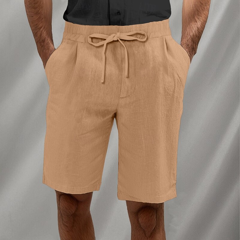 Men's Shorts Linen Shorts Summer Shorts Beach Shorts Drawstring Elastic Waist Pleats Plain Breathable Knee Length Home Yoga Casual Athleisure White Brown2
