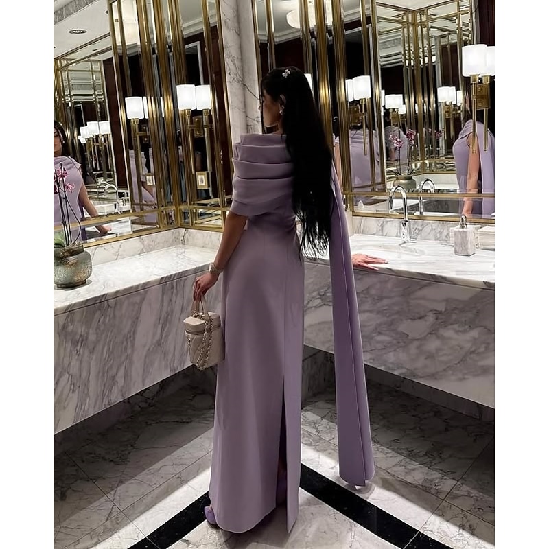 Column Evening Gown Elegant Dress Formal Floor Length Short Sleeve Crew Neck Stretch Crepe with Ruched Shawl2