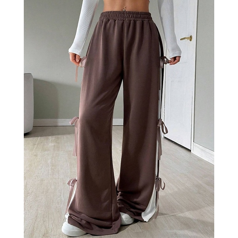 Women's Sweatpants Palazzo Pants Fashion Streetwear Comfort Full Length Mid Waist Color Block Patchwork Elastic Waist Comfy Comfortable Street Daily Wear Going out Coffee Gray Summer Spring Regular3