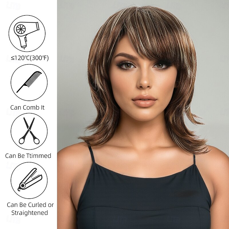 Synthetic Wig Wavy Bouncy Curl Asymmetrical Neat Bang Machine Made Wig 16 inch A1 Synthetic Hair Women's Classic Color Gradient Highlighted / Balayage Hair Blonde3
