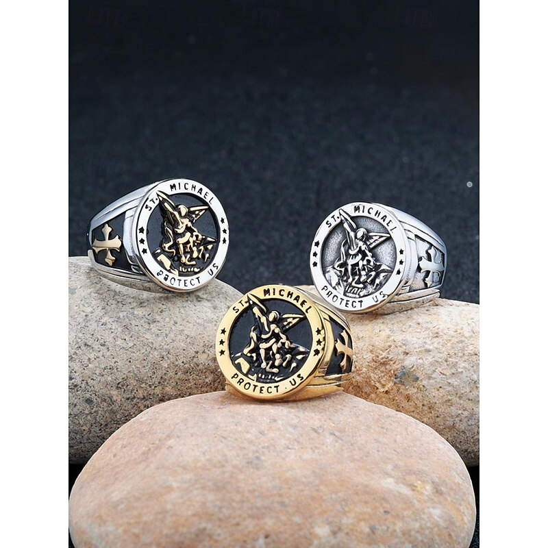 St. Michael Protect Us Ring for Men – Stainless Steel Religious Signet Ring, Vintage Catholic Jewelry for Faith, Protection and Everyday Wear3