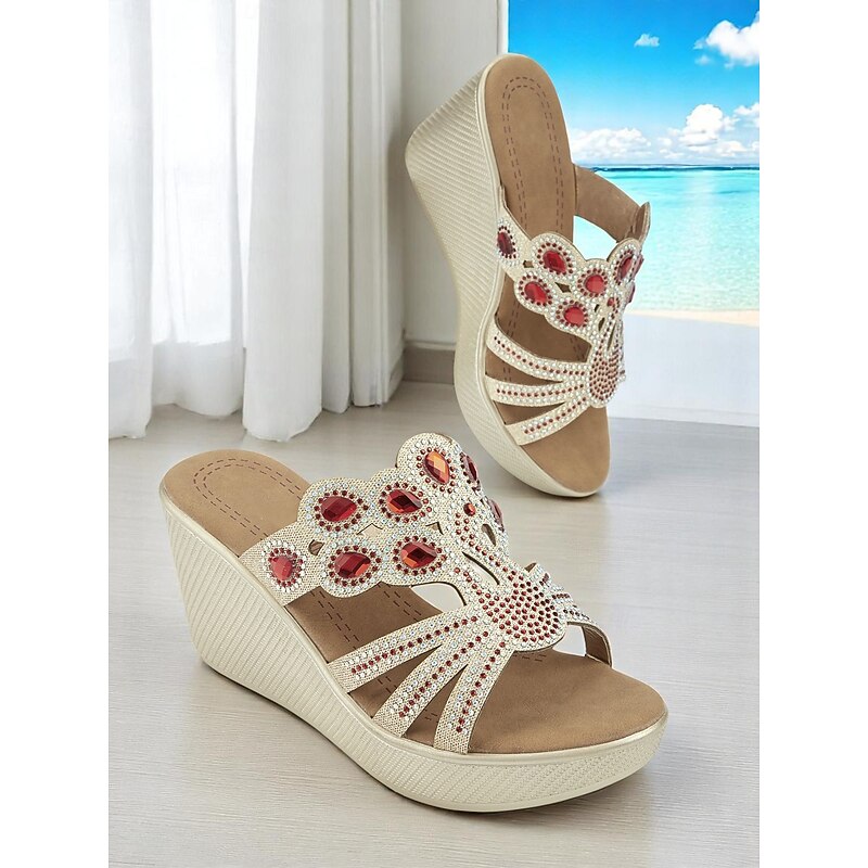 Women's Boho Gold Rhinestone Wedge Sandals – Sparkly Slip-On Platform Heels for Beach Vacations, Summer Parties, and Resort Wear
