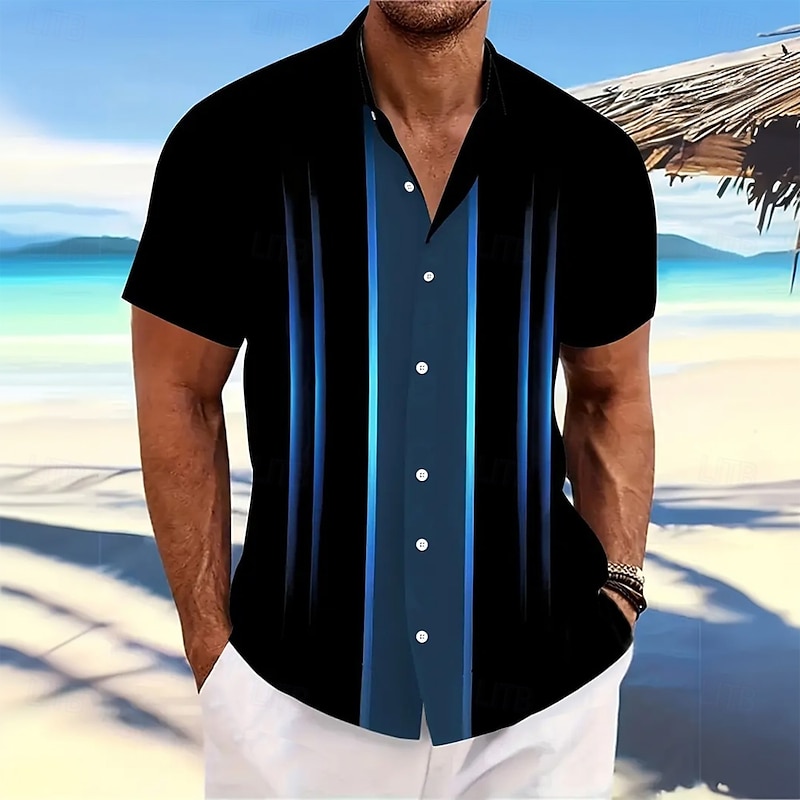 Men's Geometric Striped Shirt Button Up Shirt Short Sleeve Fashion Casual Outdoor Vacation Streetwear Summer Spring Turndown 3D Print Collared Shirts Blue Purple2