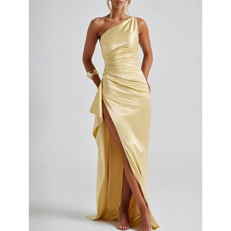 Mermaid / Trumpet Party Dresses Elegant Dress Wedding Wedding Guest Floor Length Sleeveless One Shoulder Satin with Ruched Details4