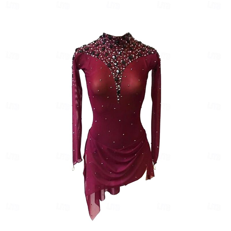 Figure Skating Dress Women's Girls' Ice Skating Dress Fuchsia Thumbhole Halo Dyeing High Elasticity Professional Competition Skating Wear Thermal Warm Crystal / Rhinestone Long Sleeve Ice Skating2