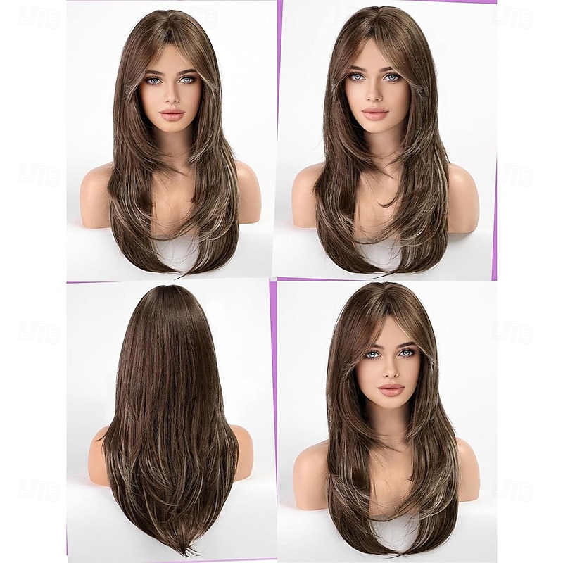 Natural Long Wigs for Women with Fringe Synthetic Heat Resistant Hair Ombre Brown Wig for Daily Party Cosplay Use2