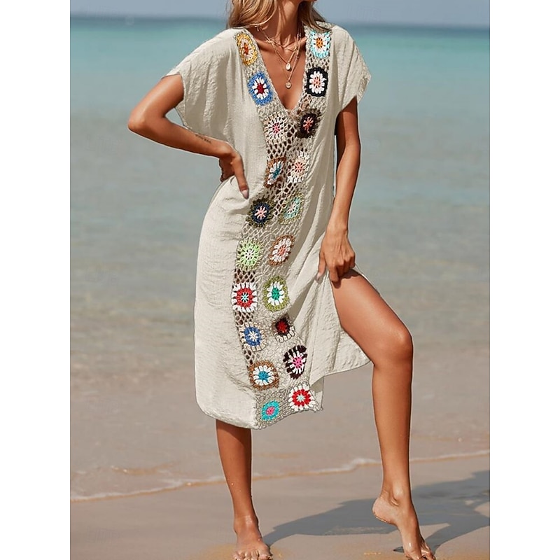 Women's Swimsuits Cover Up Swim Dress Swimsuit Patchwork Vacation Beach Wear Solid Color V Neck Short Sleeves Bathing Suits