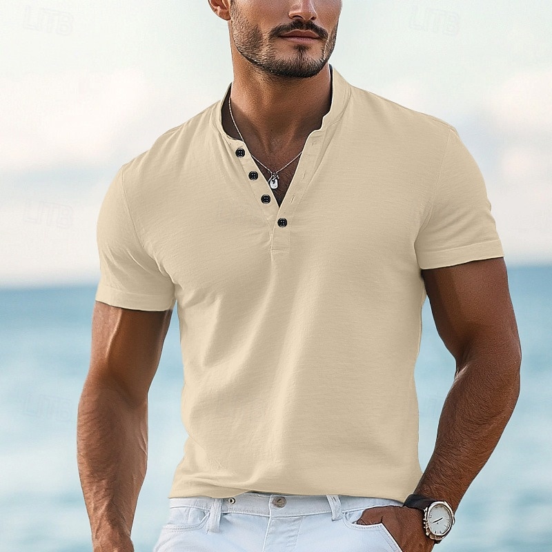 Men's T shirt Henley Shirt Tee Top Short Sleeves Plain Designer Basic Modern Contemporary Buttons Henley Vacation Street Going out Summer Wine Black White Henley T-Shirt4