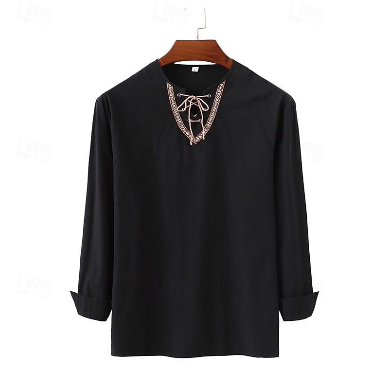 Men's Shirt Linen Shirt Viking Style Summer Shirt Beach Wear Pirate Shirt Solid Color Vacation Casual Black Navy Blue Sky Blue Green Long Sleeve Collarless Summer Spring Clothing Apparel Patchwork2