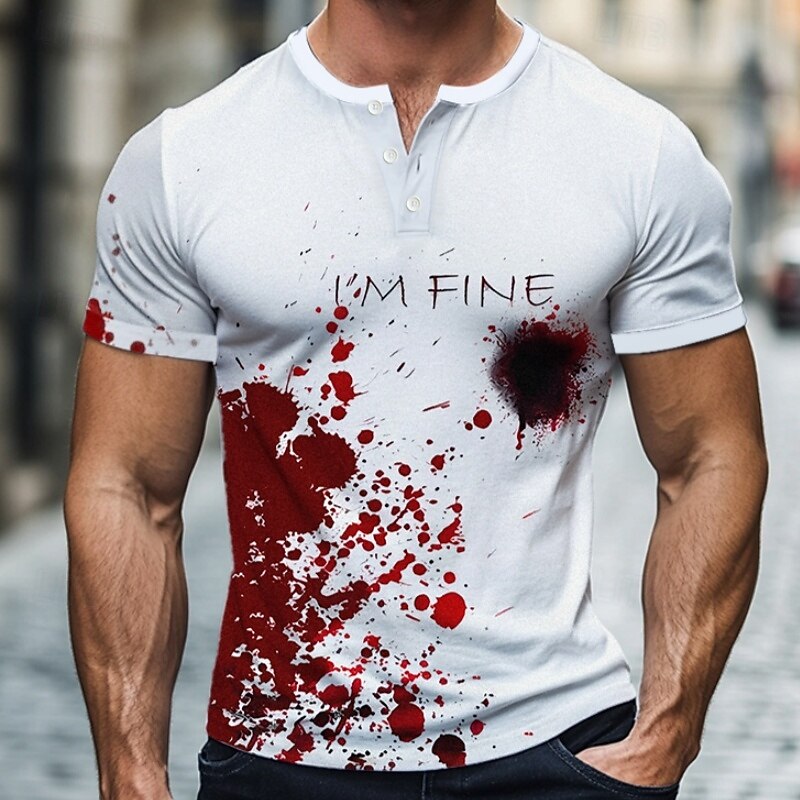 Men's Halloween Blood Splatter Funny Blood stains T Shirt Henley Shirt Short Sleeve Streetwear Designer Retro Vintage Street Casual Daily Summer Spring White Henley Henley T-Shirt