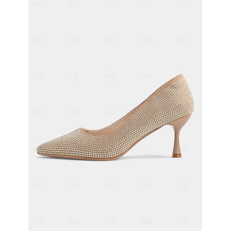 Women's Champagne Rhinestone Pointed Toe Kitten Heels – Elegant Slip-On Glitter Pumps for Cocktail Parties and Holiday Celebrations3